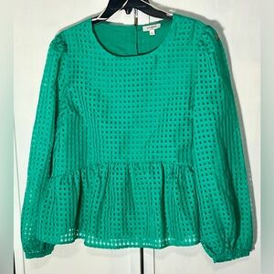 Umgee Women’s Sz L Emerald Green Eyelet Peplum Long Sleeve Blouse